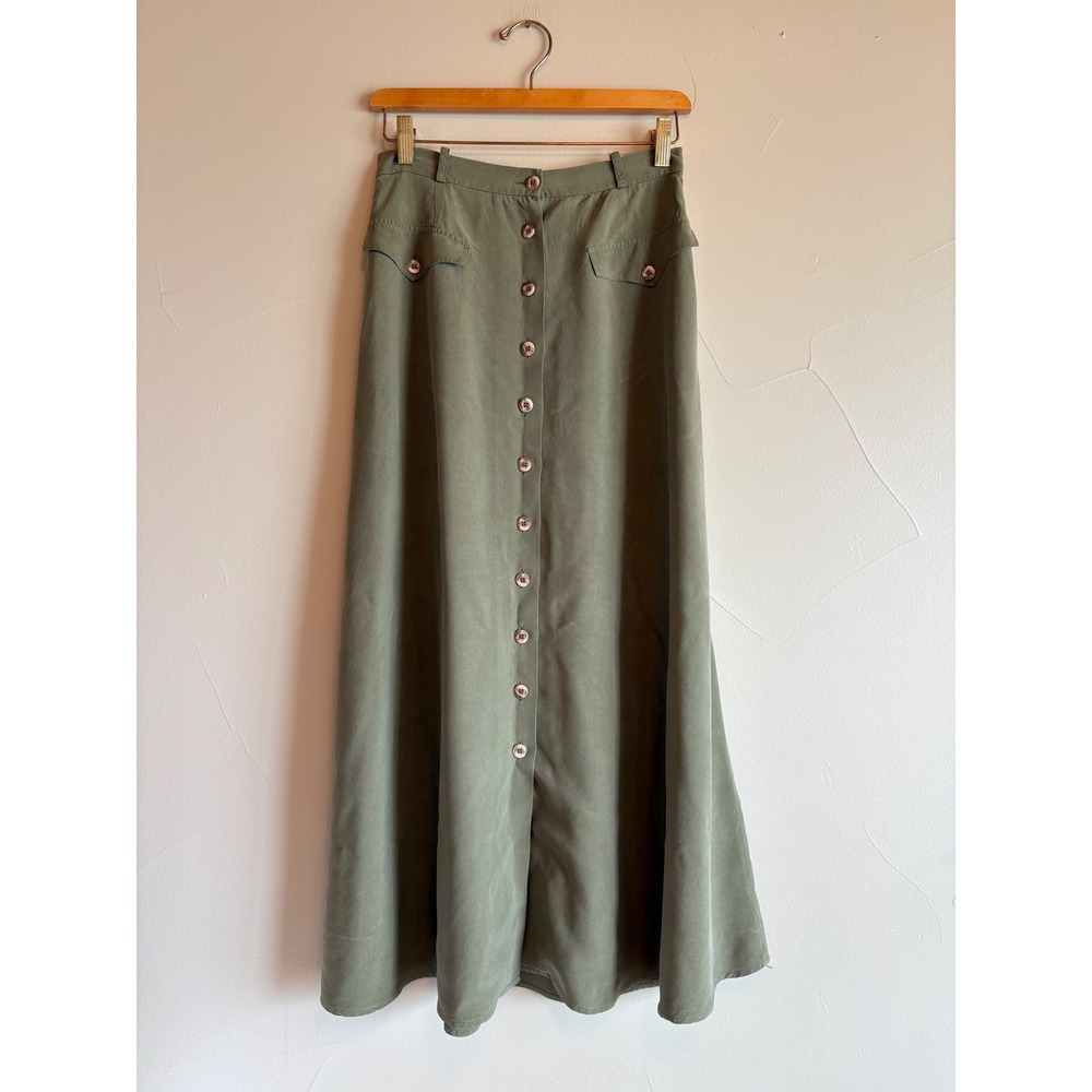 Vintage 100% Silk Maxi Skirt Sage Green Button Front Pockets Utility Safari SZ 6